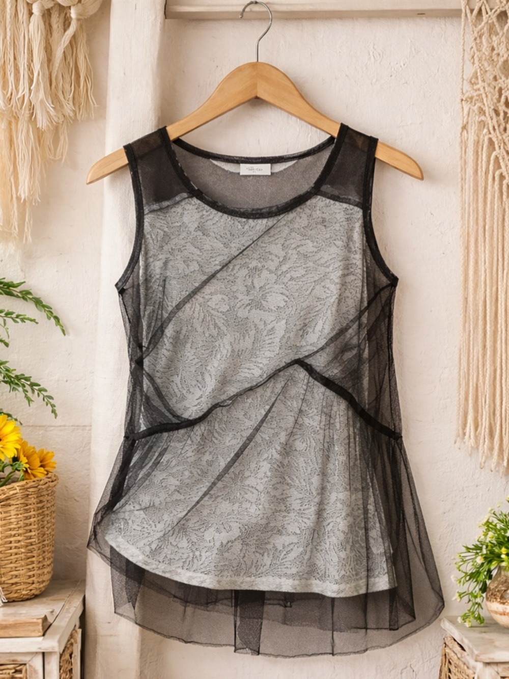 Hem & Thread Sheer Black Lace Layered Tank Size S